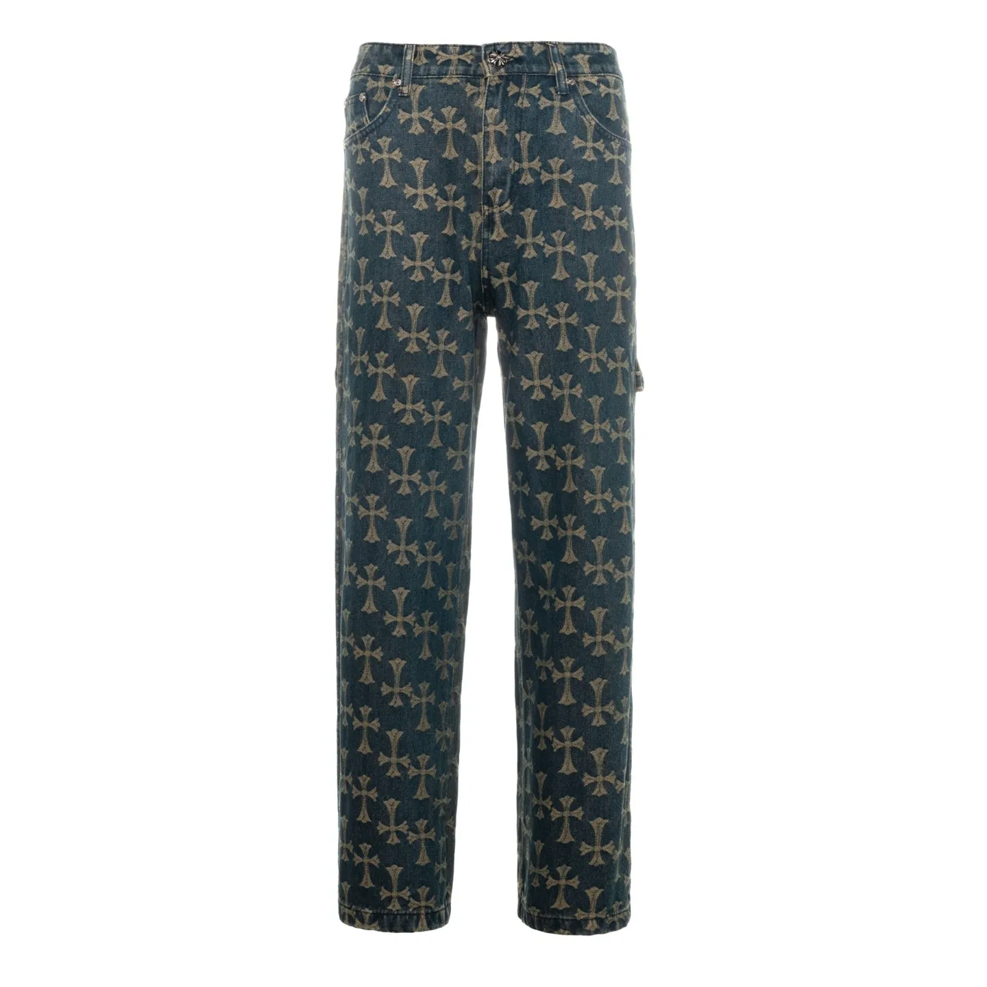 P220 Chrome Hearts｜Chrome Hearts CH all-over printed jacquard bootcut jeans - 2024 autumn new product, the same style as the Internet celebrity star's cross-printed jeans, with unique cross design elements and all-over printing, full of design sense. It is made of 100% denim cotton fabric with heavy coarse yarn count, which ensures a stiff and tough silhouette while being soft, comfortable and breathable. The lapel is designed with silver buttons and is full of texture.  The classic dark yellow cross logo is all over the pants. They are generous and full of personality without being exaggerated. They are perfect for spring and summer!    Custom hardware! Same style for couples!  Three standards are complete, the same style for men and women, non-market ordinary version, feel free to compare and the quality is absolutely guaranteed. Style number: 1652# Color: blue Size: S-XXL (28-36)